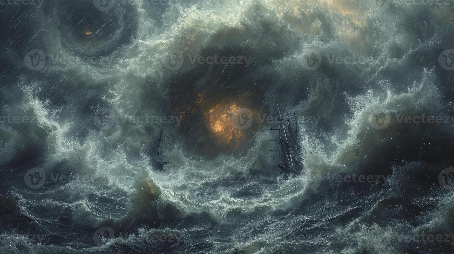 AI generated a tornado storm at sea with a ship bobbing amidst huge waves. photo