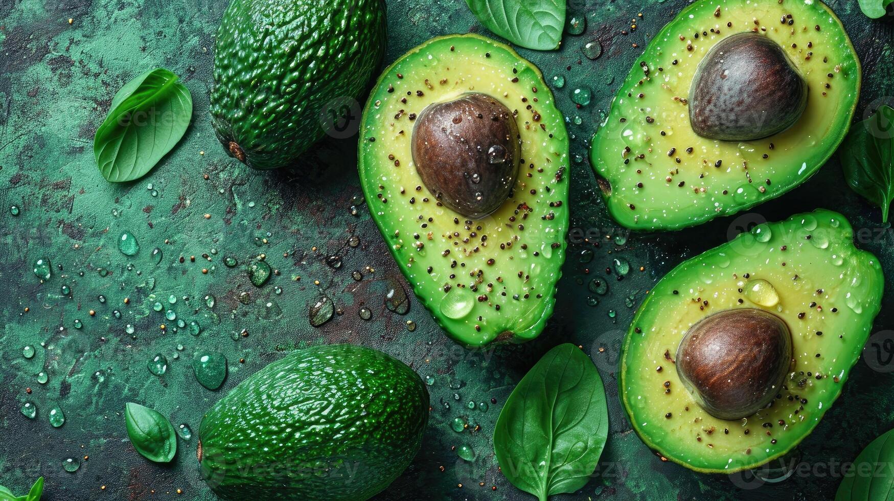 AI generated Beautiful cuts of avocado, a creative layout to emphasize the fruit's softness and deliciousness, a few drops of water. photo
