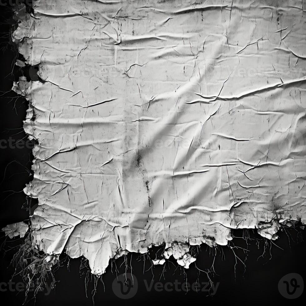 AI generated black and white grunge of a torn white fabric, black background, photo