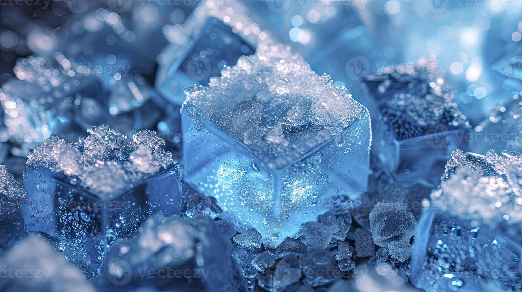 AI generated Close-Up view Sparkling Ice Cubes on the Table photo