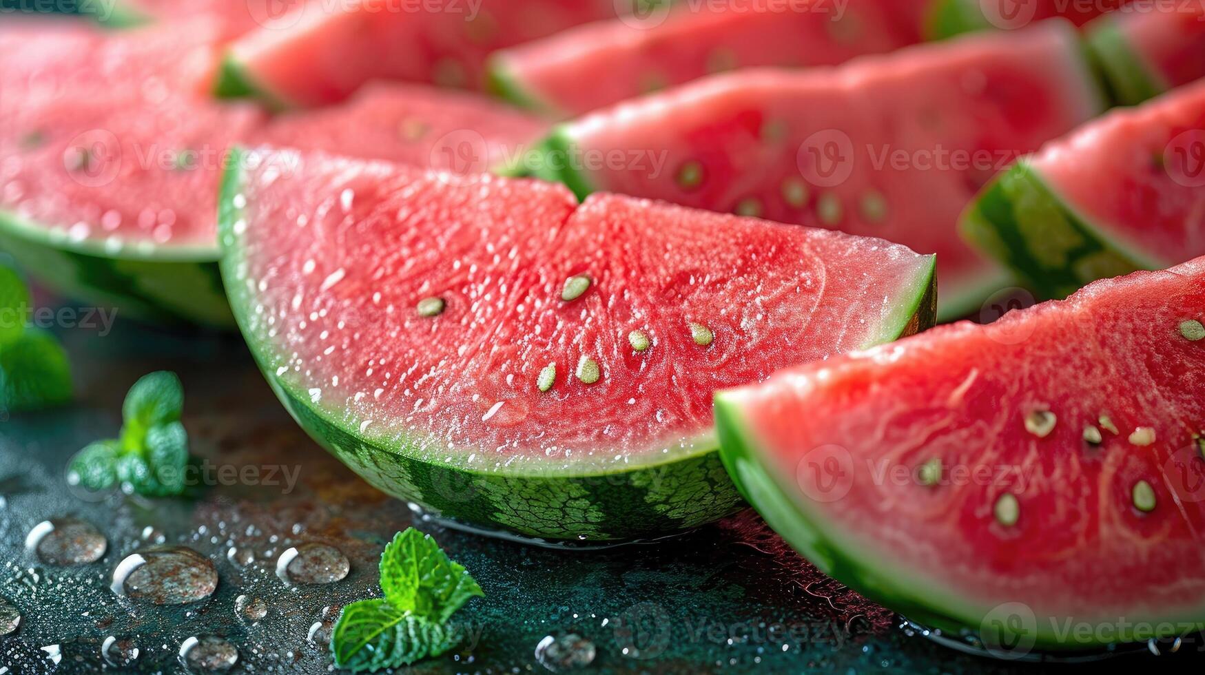 AI generated Slices watermelon with vibrant red and green hues, shot from an overhead perspective. photo