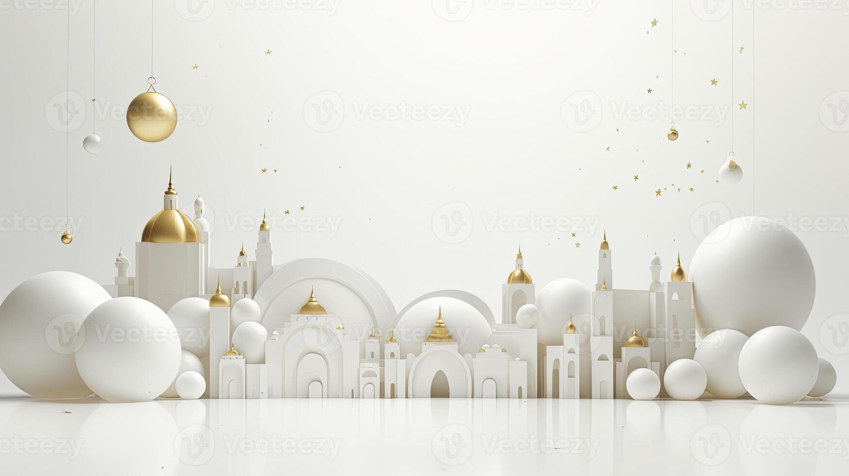 AI generated Ramadan background all white, gold accents. minimalism 3d rendering photo