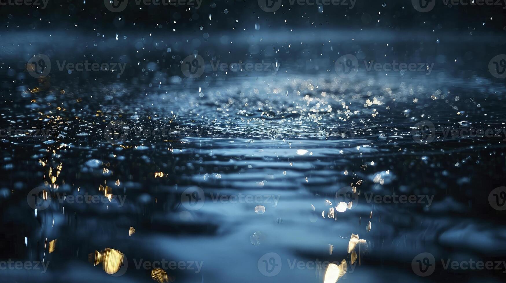 AI generated water droplets close up with light reflection on the water surface. The splash of sparkling water is very dramatic. photo