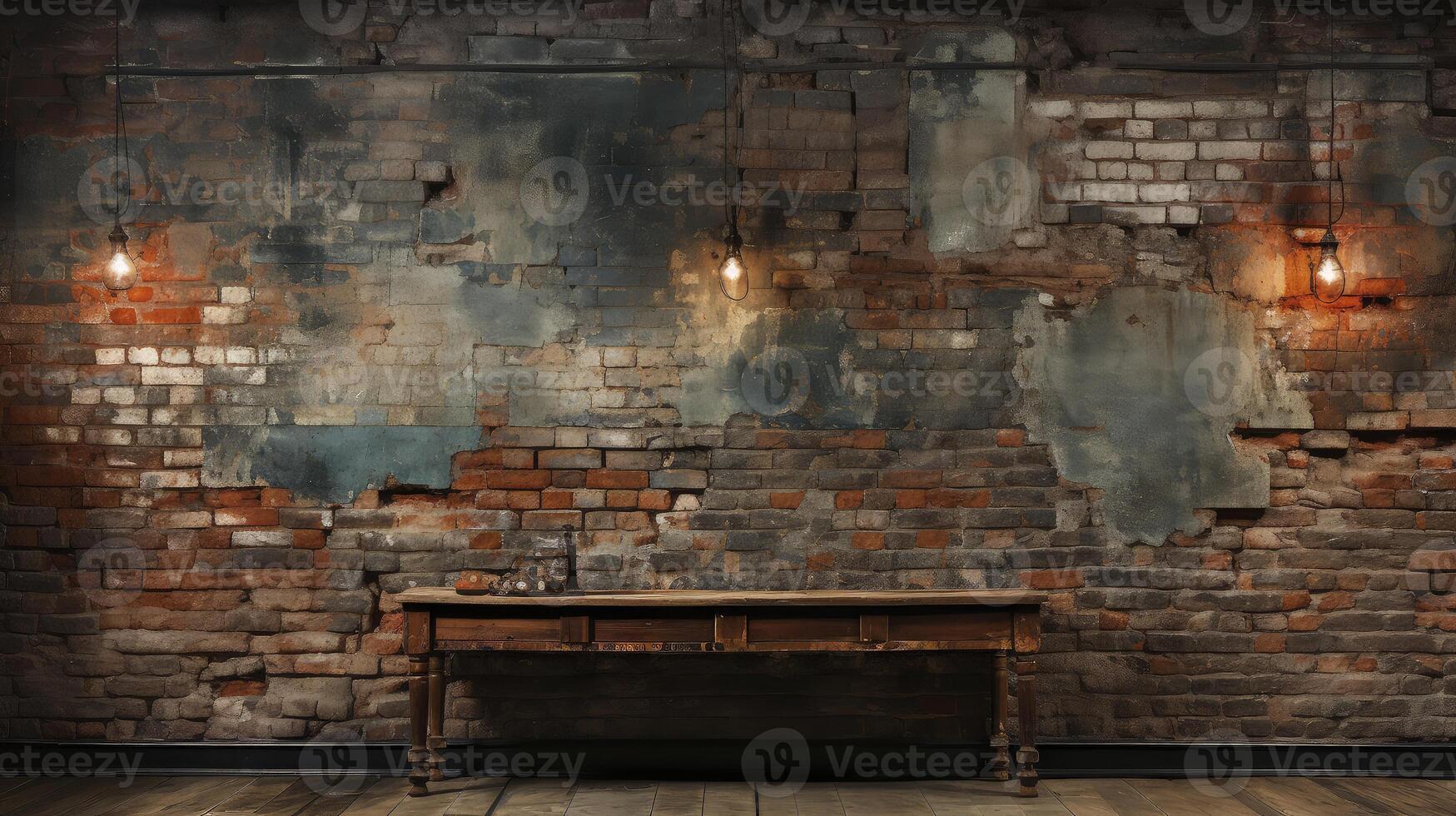AI generated Industrial backdrop. Empty room with wooden table and brick wall behind it. photo