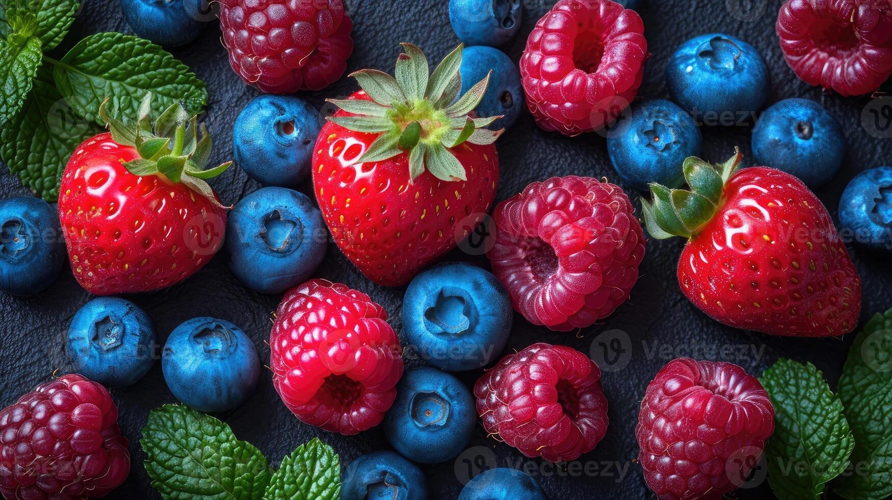 ai generado mezcla de bayas tal como fresas, arándanos, y frambuesas arreglado ingeniosamente para un Estallar de color antecedentes. foto