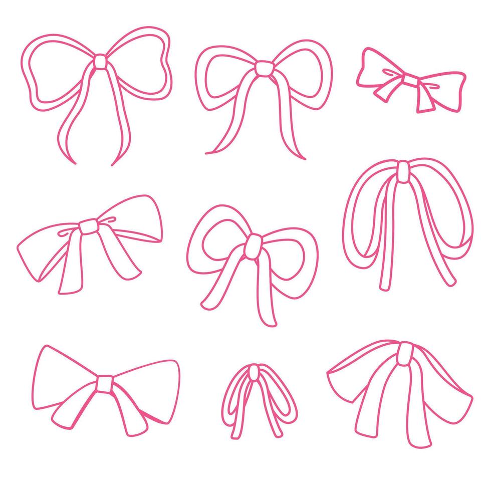 Ribbon and bow hand drawn with pink outline for element, illustration, gift and valentine. Doodle style vector
