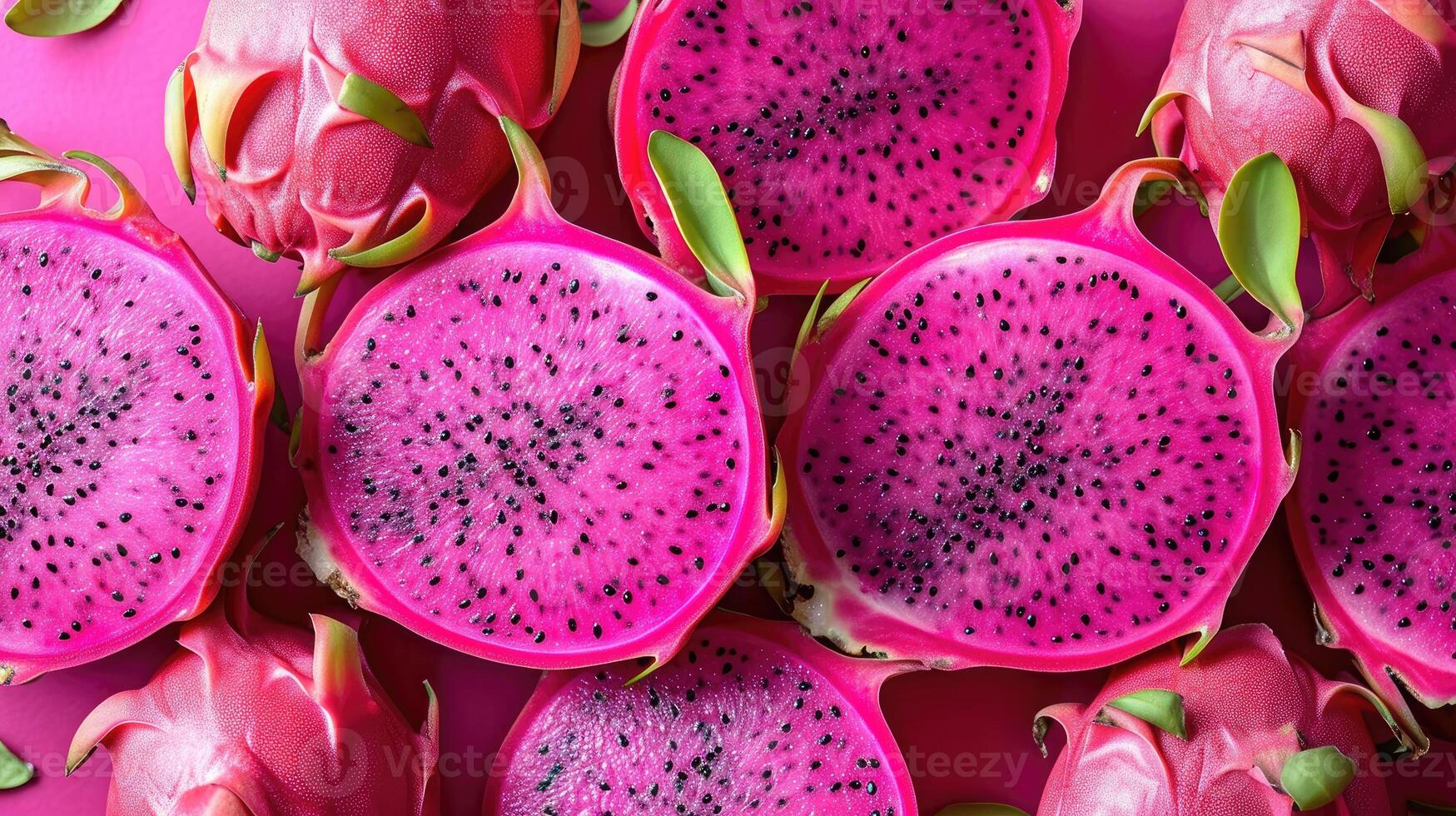 AI generated Stunning background featuring slices of vibrant dragon fruit arranged artistically, capturing the exotic appeal and refreshing hues, full of frame, fresh vibe, top of view, photo