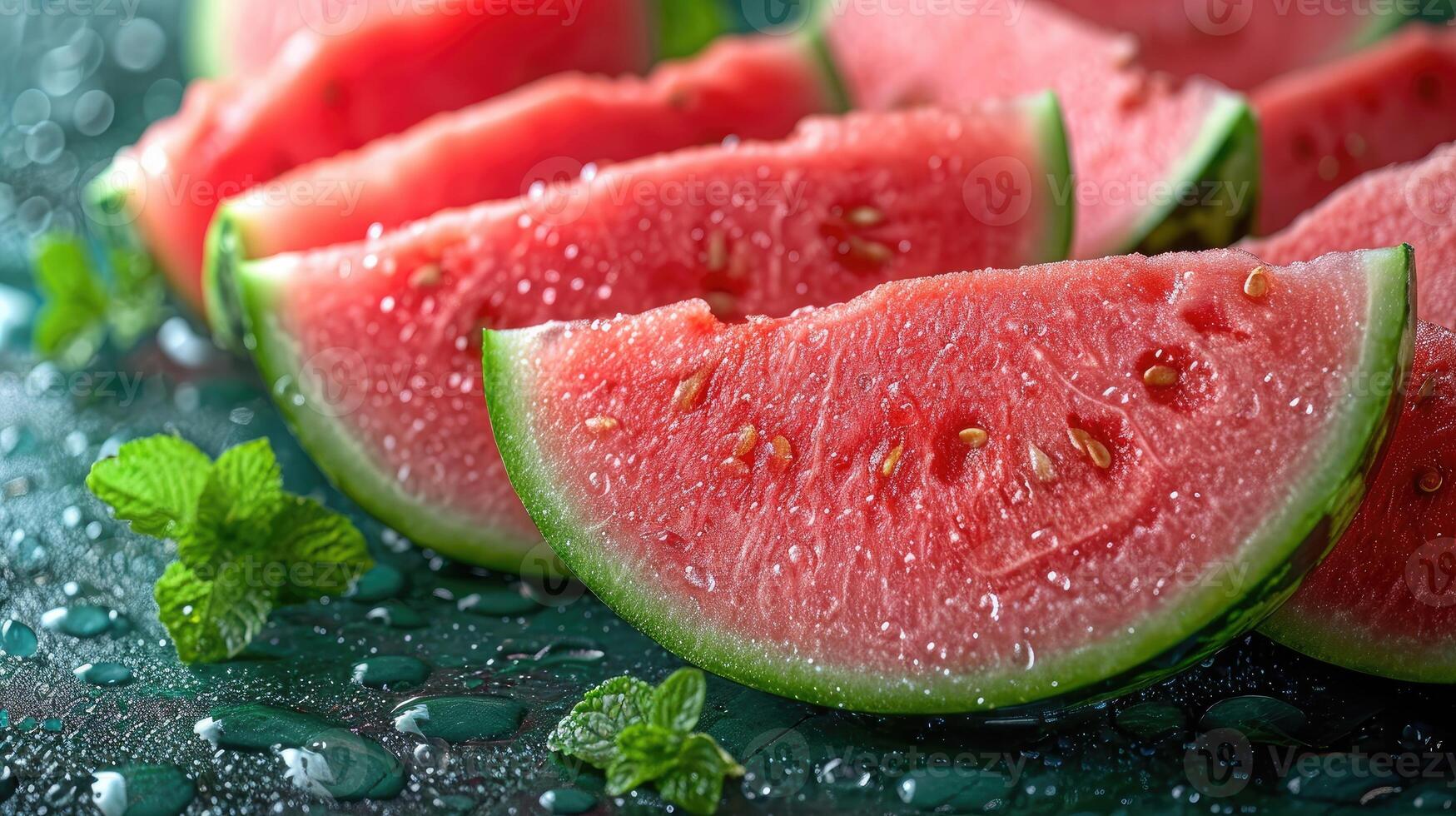 AI generated Slices watermelon with vibrant red and green hues, shot from an overhead perspective. photo