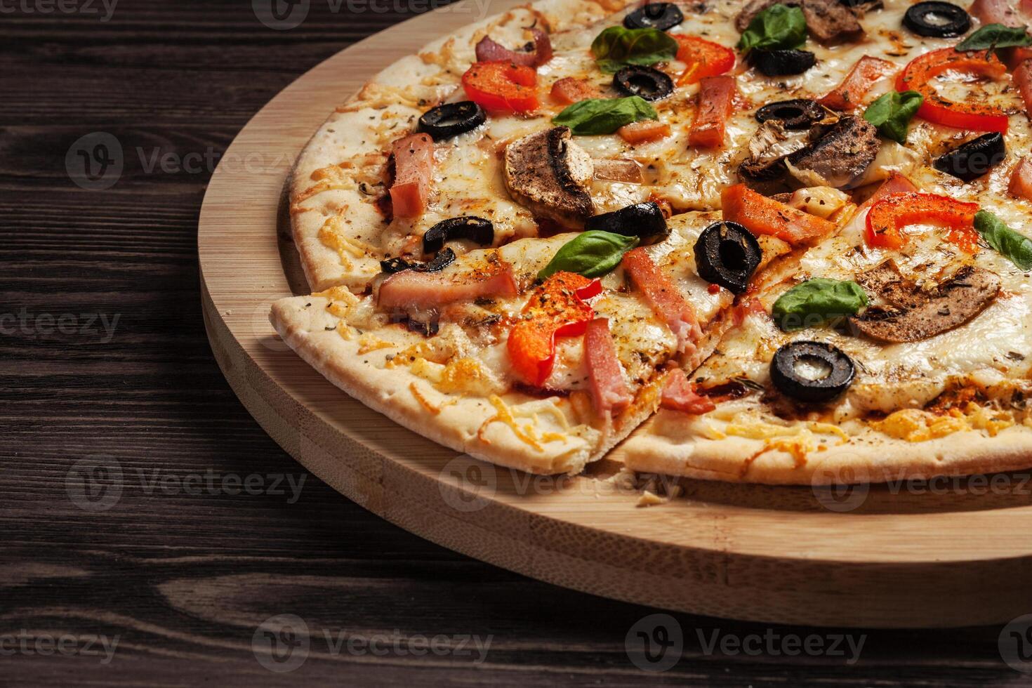 Ham pizza close up photo