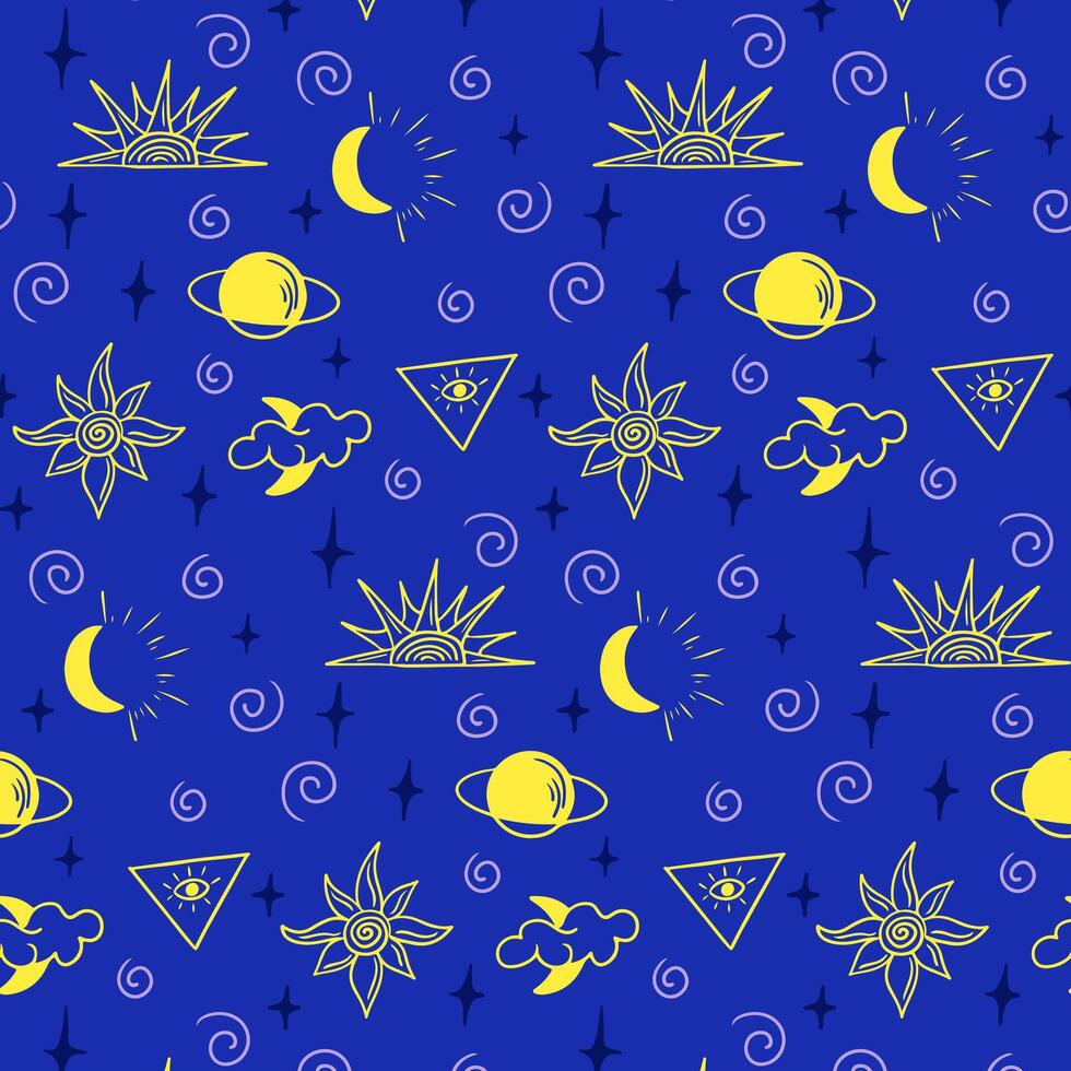 Mystery outline hand drawn seamless pattern. Linear contour esoteric drawings. Doodle sun, moon and clouds on blue background. Trendy print design for textile, wallpaper, wrapping, background vector