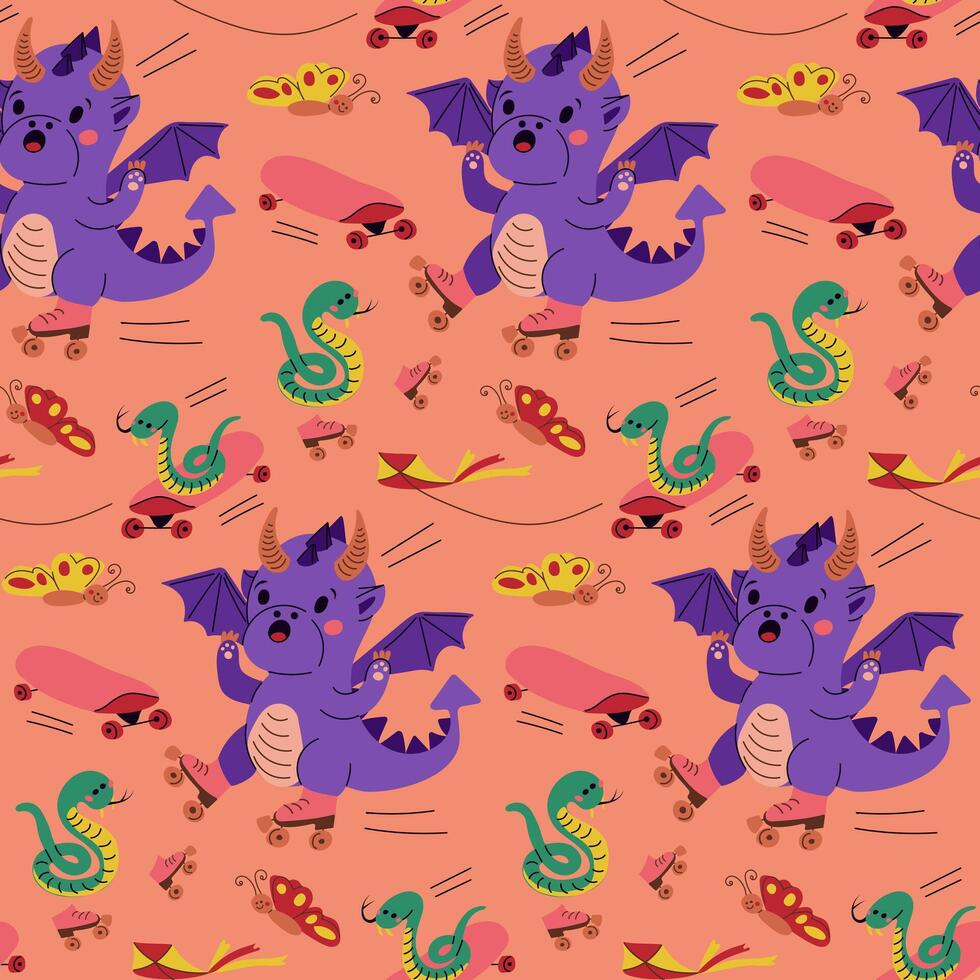 Naughty dragon on roller skates seamless pattern. Kids fun concept. Vector kids illustration in kawaii cartoon style. Trendy print design for textile, wallpaper, wrapping, background