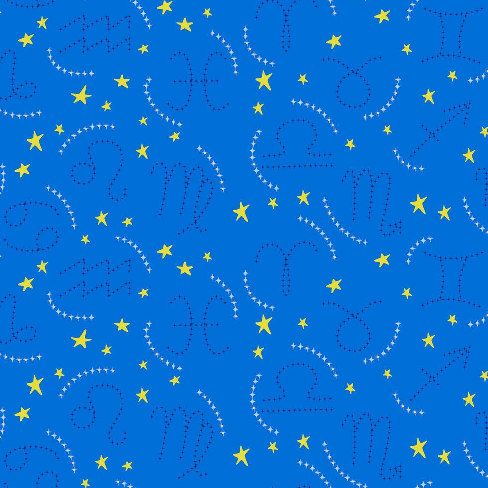 Zodiac contrast seamless pattern with stars. Esotericism concept illustration. Flat hand drawn symbols made of stars shapes. Trendy print design for textile, wallpaper, wrapping, background vector