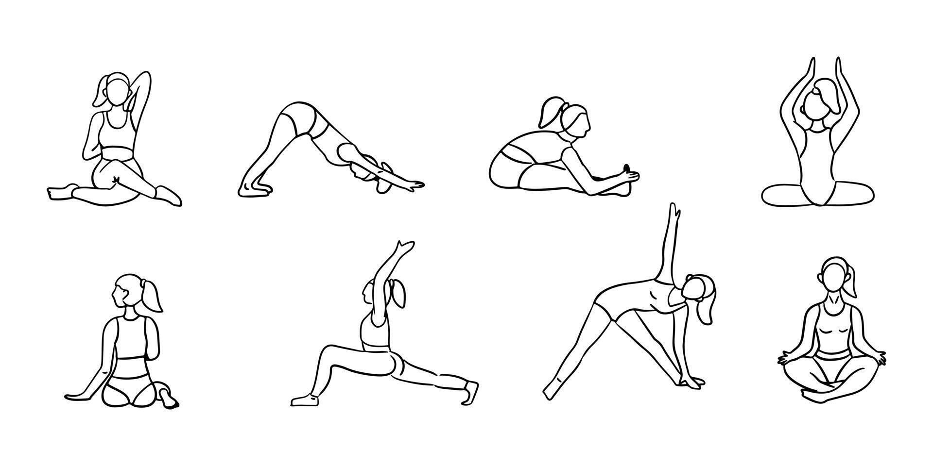 garabatear mano dibujado contorno conjunto con yoga posa mano dibujado íconos colección de mujer haciendo yoga ejercicios en diferente posa bosquejo contorno ilustración en blanco antecedentes para colorante páginas, tatuaje vector