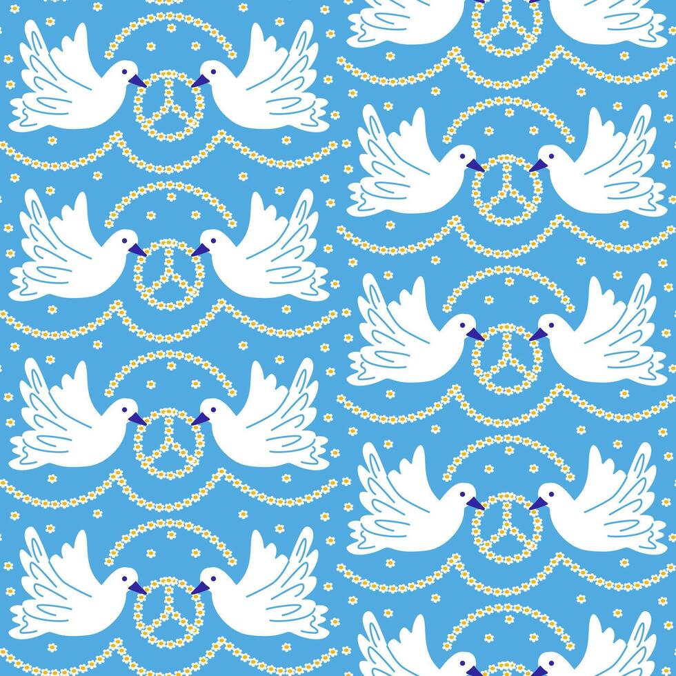 Contrast seamless pattern with white birds. Peace concept illustration. Flat hand drawn bird and flowers in hippie sign shapes. Trendy print design for textile, wallpaper, wrapping, background vector