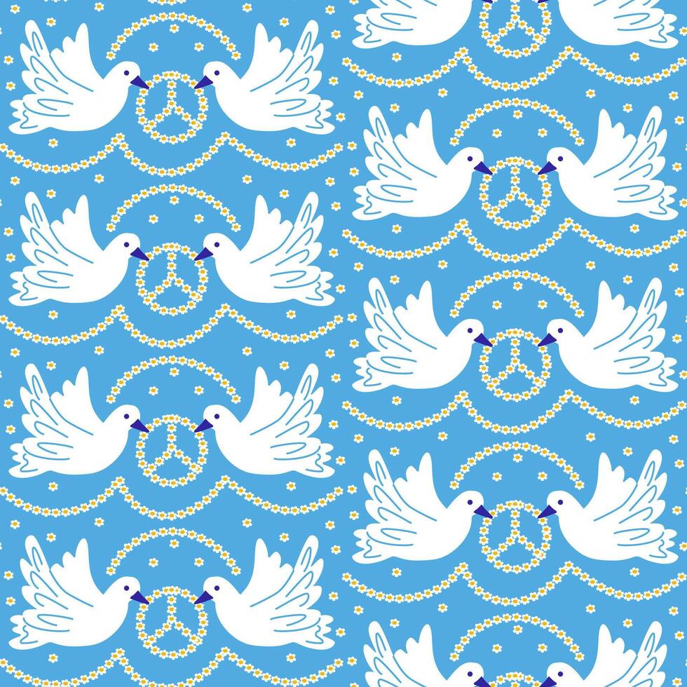 Contrast seamless pattern with white birds. Peace concept illustration. Flat hand drawn bird and flowers in hippie sign shapes. Trendy print design for textile, wallpaper, wrapping, background vector