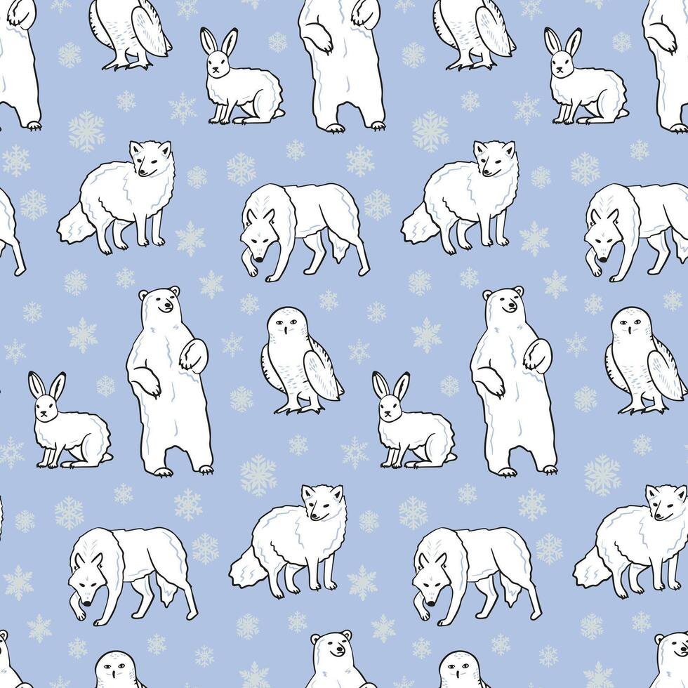 Flat arctic animals and birds seamless pattern with snowflakes. Contrast contour doodle objects on blue background. Trendy print design for textile, wallpaper, wrapping, background vector