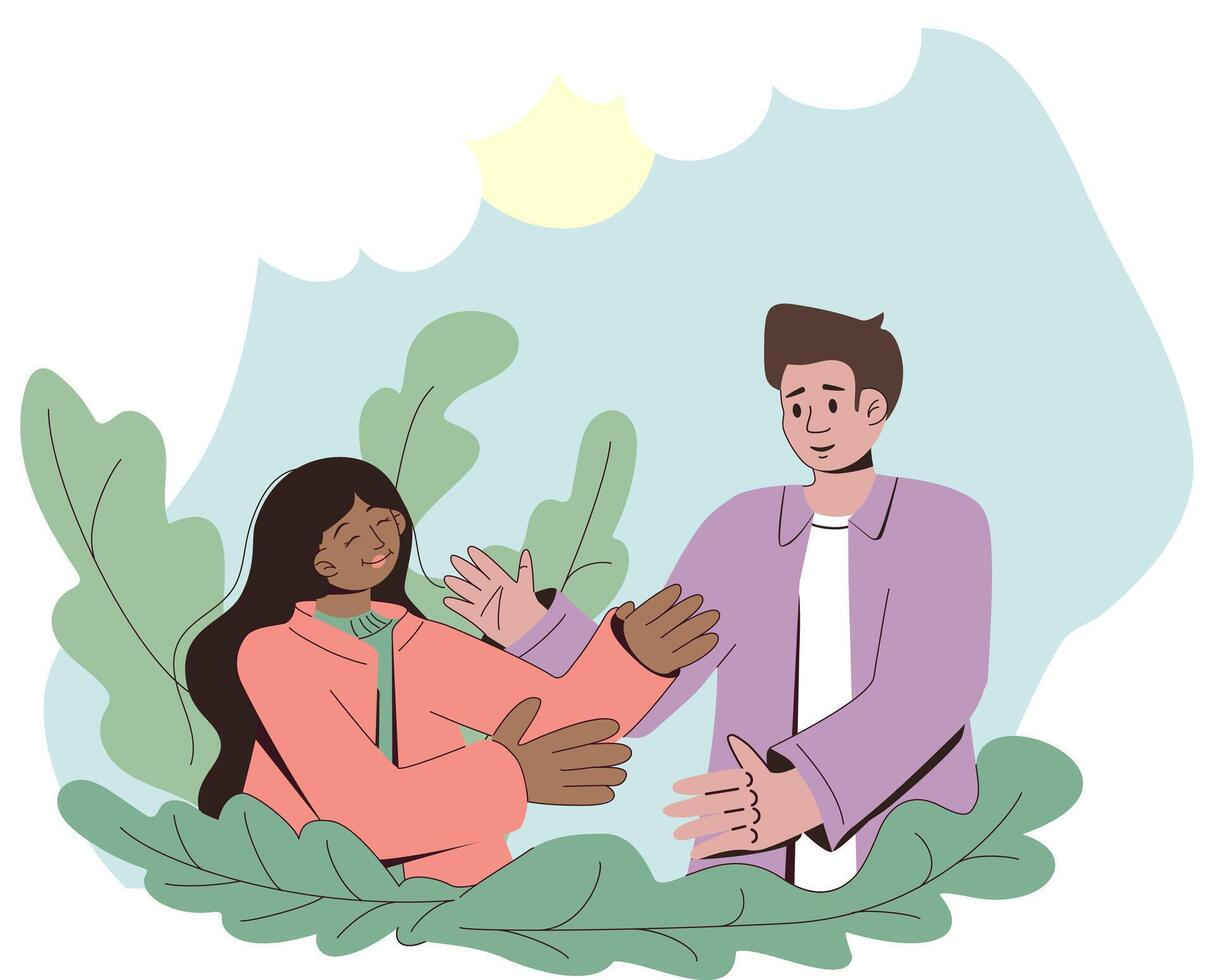 contento diversidad Pareja reunión, abrazando con amor. romántico hombre y mujer yendo hacia cada otro. plano gráfico ilustración con plantas aislado en blanco antecedentes vector