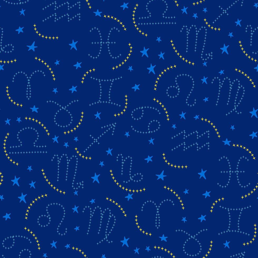 Contrast seamless pattern with zodiac signs. Esotericism concept illustration. Flat hand drawn symbols made of stars shapes. Trendy print design for textile, wallpaper, wrapping, background vector