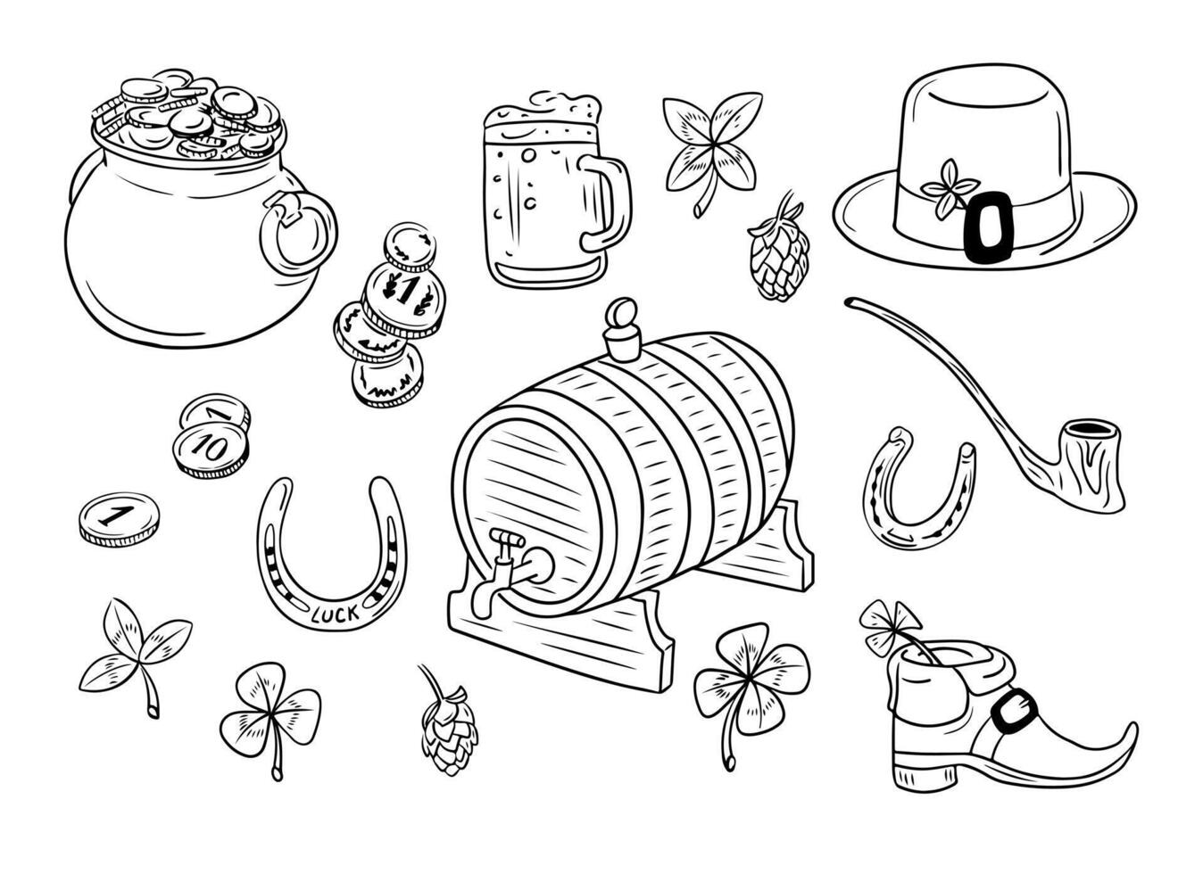Hand drawn doodle items related to St Patricks day. Black contour sketchy coins, leprechaun clothes, beer mug, barrel, clover, shamrock on white background. Ideal for coloring pages, tattoo, pattern vector