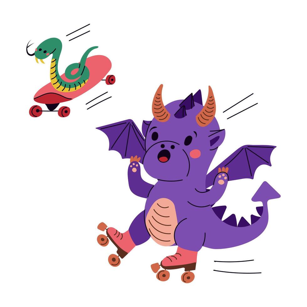 Playful hand drawn dragon rollerblading with snake on skateboard. Vector isolated illustration in flat cartoon style. Trendy kawaii illustration for sticker, decoration. Symbol of the year