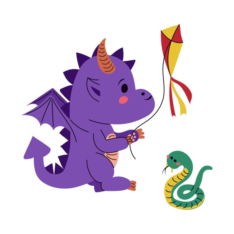 Cute kawaii hand drawn dragon with kite and snake. Vector isolated illustration in flat cartoon style. Trendy illustration for sticker, decoration. Symbol of the year