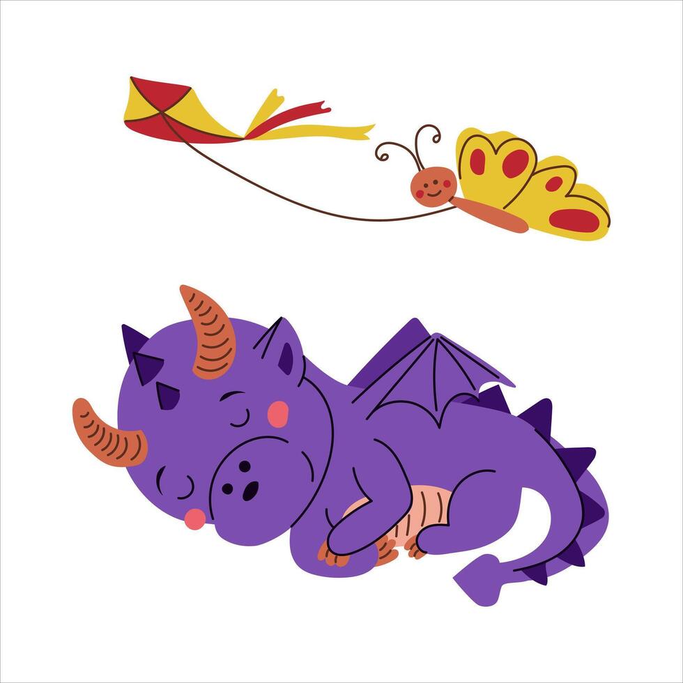 Cute slipping hand drawn dragon baby with butterfly and kite. Vector kids illustration in kawaii cartoon style. Trendy illustration for sticker, decoration. Symbol of the year