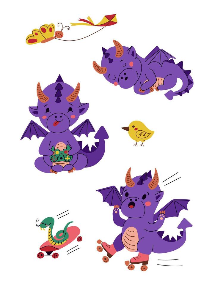 Wholesome hand drawn flat dragon sticker set. Playful animal with friends. Vector kids illustration in kawaii cartoon style. Trendy illustration for sticker, decoration. Symbol of the year