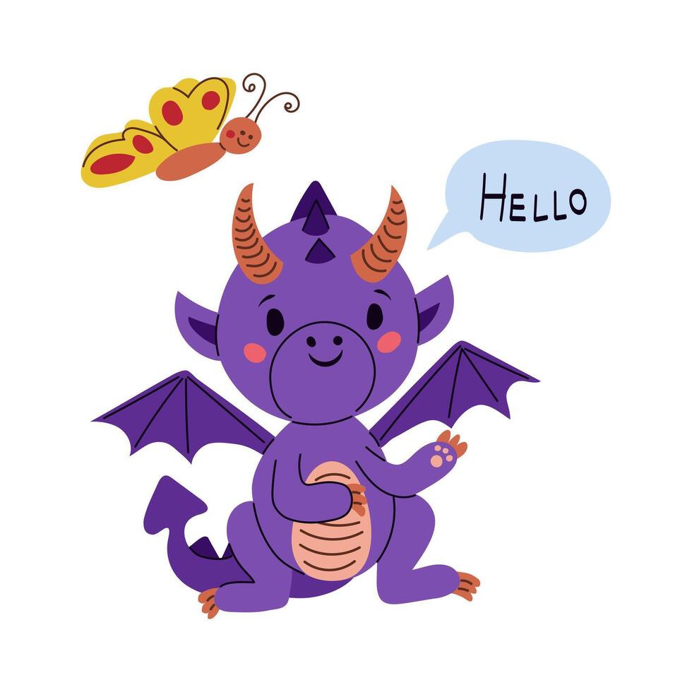 Cute hand drawn flat dragon with butterfly and bubble speech. Vector kids illustration in kawaii cartoon style. Trendy illustration for sticker, decoration. Symbol of the year
