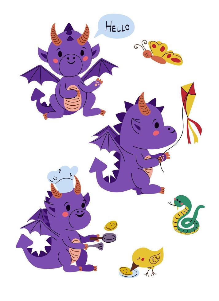 Cute hand drawn flat dragon teens sticker set. Playful animal with friends. Vector kids illustration in kawaii cartoon style. Trendy illustration for sticker, decoration. Symbol of the year