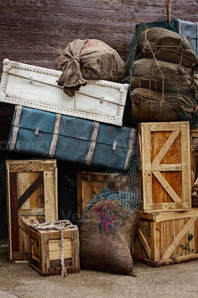 Vintage luggage with crates and suitcases photo