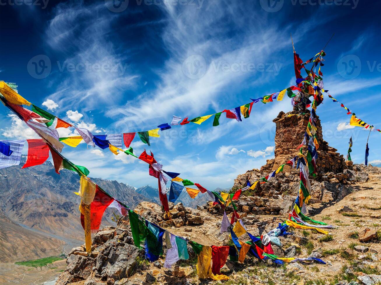 Buddhist prayer flags in Himalayas photo