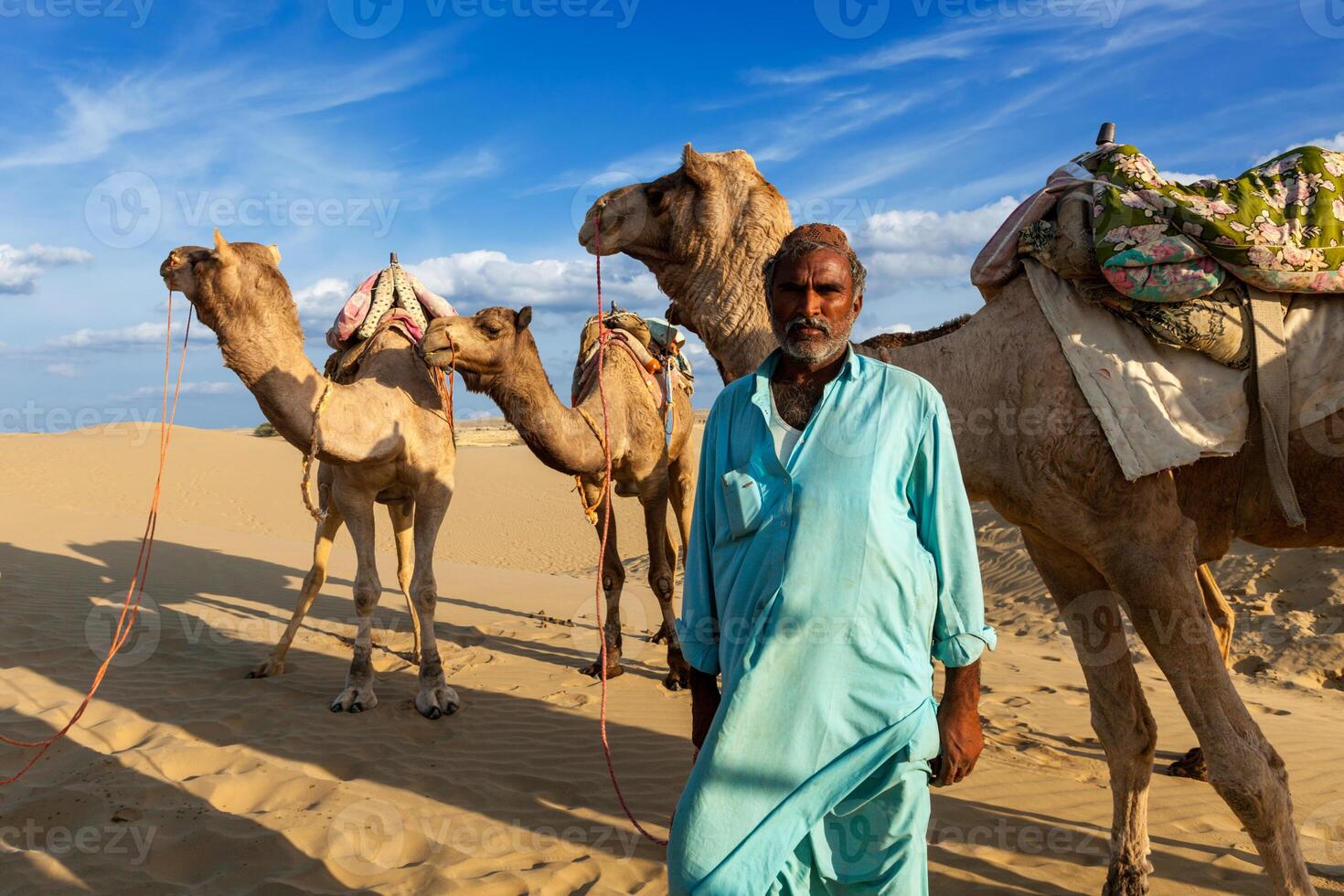 Cameleer camel driver with camels in dunes of Thar desert photo