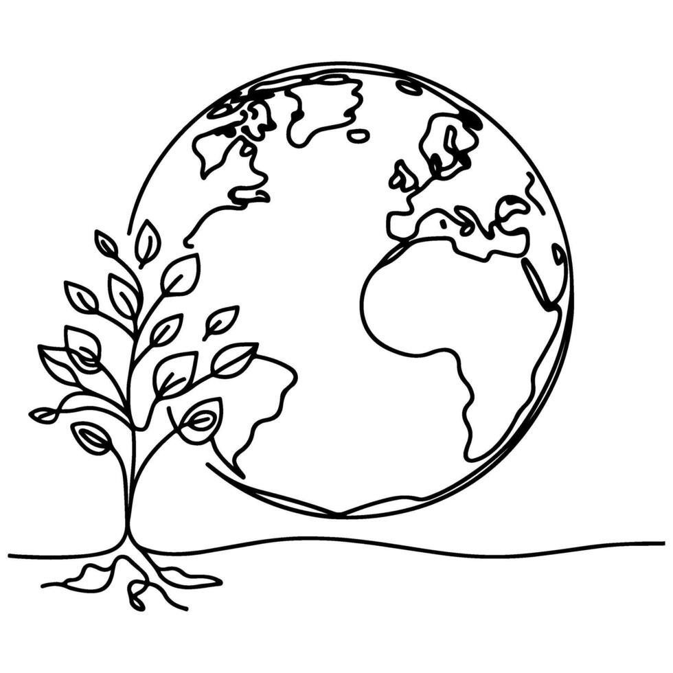 black line art tree growing sprout from planet Earth. continuous one line sketch drawing vector illustration