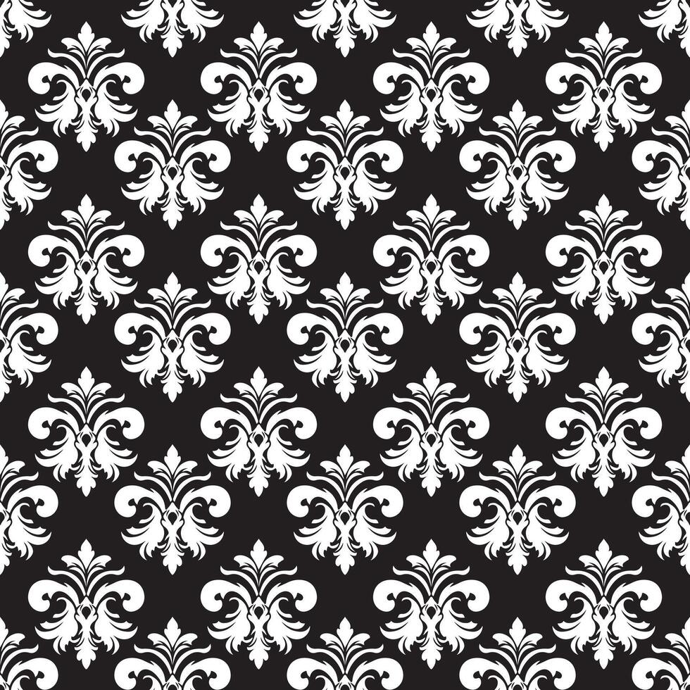Damask Fabric textile seamless pattern Luxury decorative  Ornamental white elemennt on black background. Square style. Curtain, carpet, wallpaper, tile, wrapping, textile vector