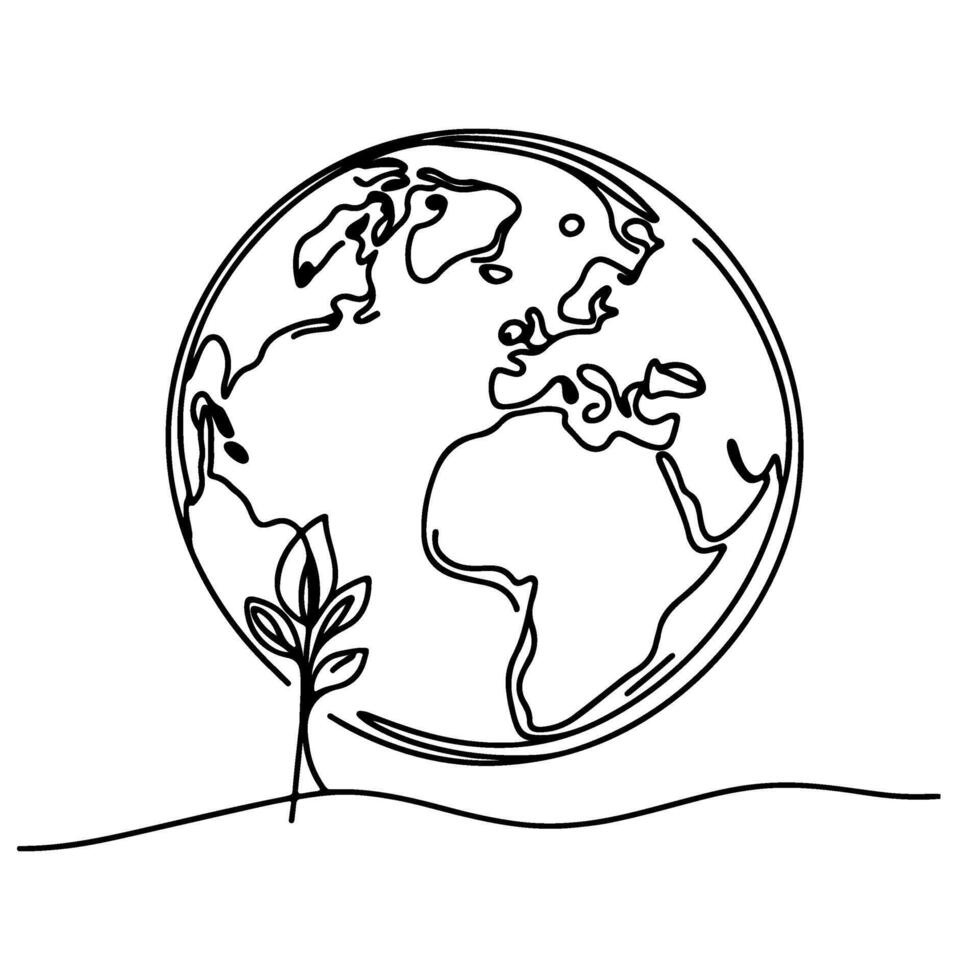 black line art tree growing sprout from planet Earth. continuous one line sketch drawing vector illustration