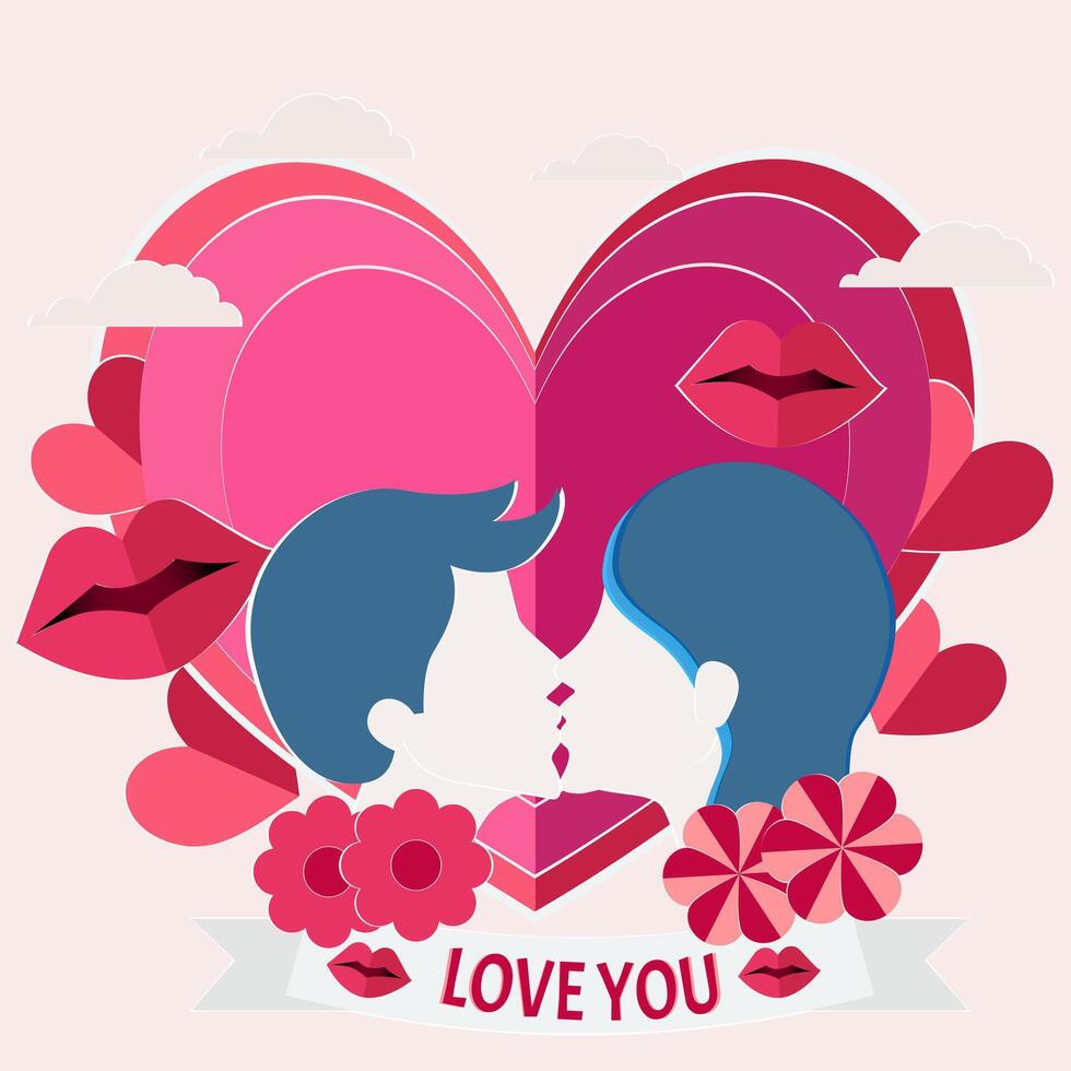 Pareja besos con corazón, labio, flores, hojas, nubes a demostración vector papel cortar estilo ilustración en enamorado día