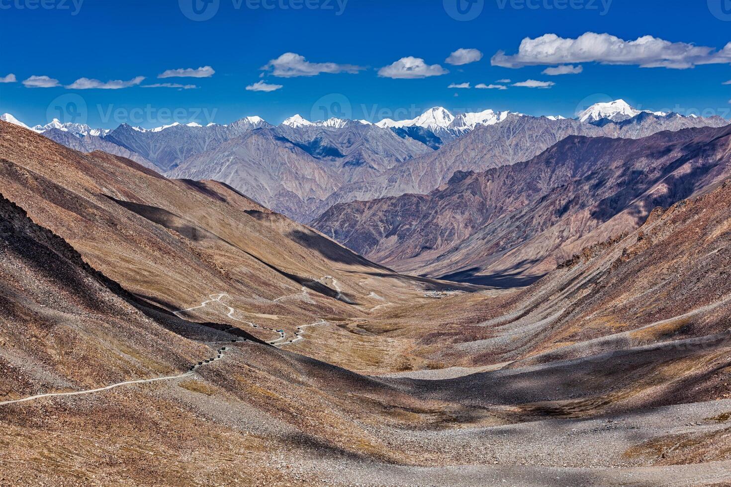 Karakorum Range and road in valley, Ladakh, India photo
