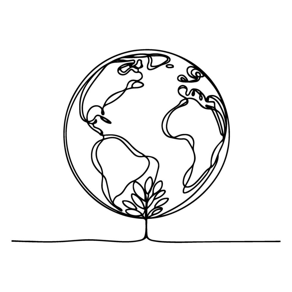 black line art tree growing sprout from planet Earth. continuous one line sketch drawing vector illustration