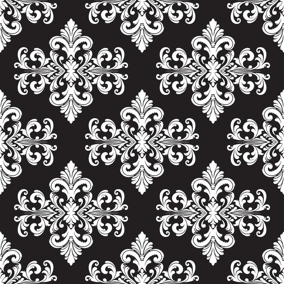 damasco tela textil sin costura modelo lujo decorativo ornamental blanco elemento en negro antecedentes. cuadrado estilo. cortina, alfombra, fondo de pantalla, teja, envase, textil vector