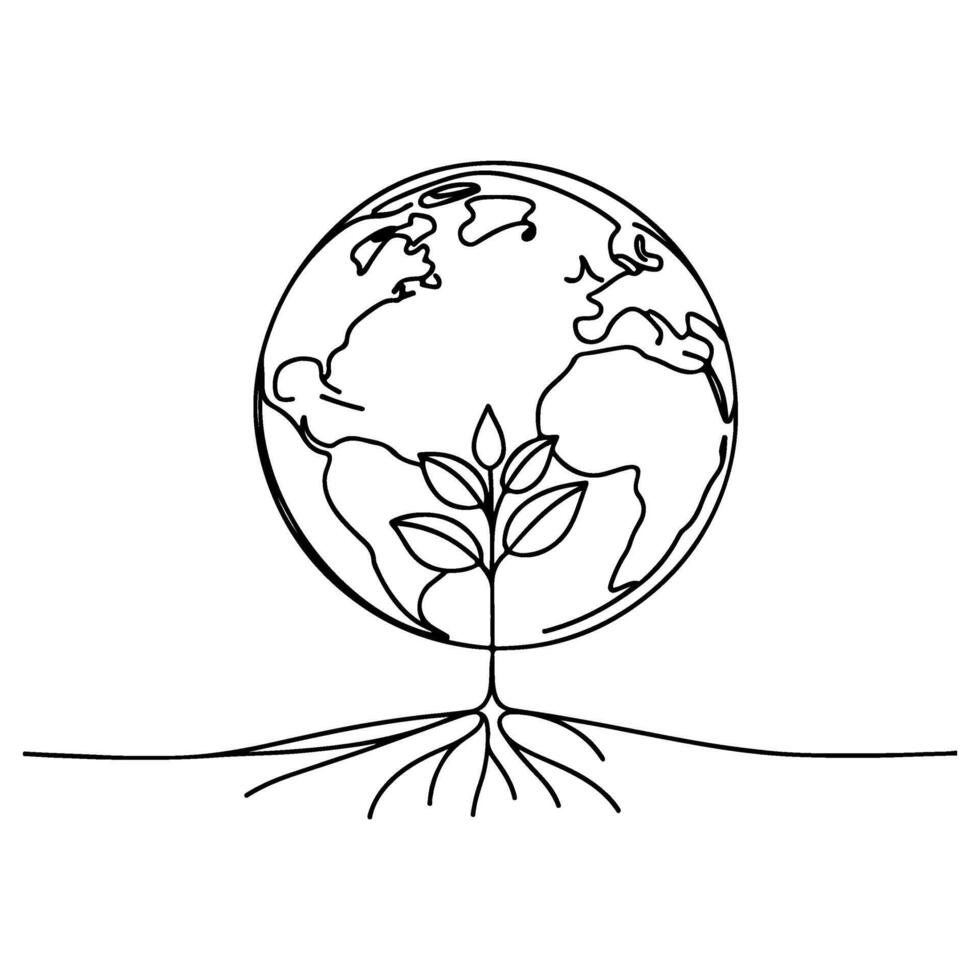 black line art tree growing sprout from planet Earth. continuous one line sketch drawing vector illustration