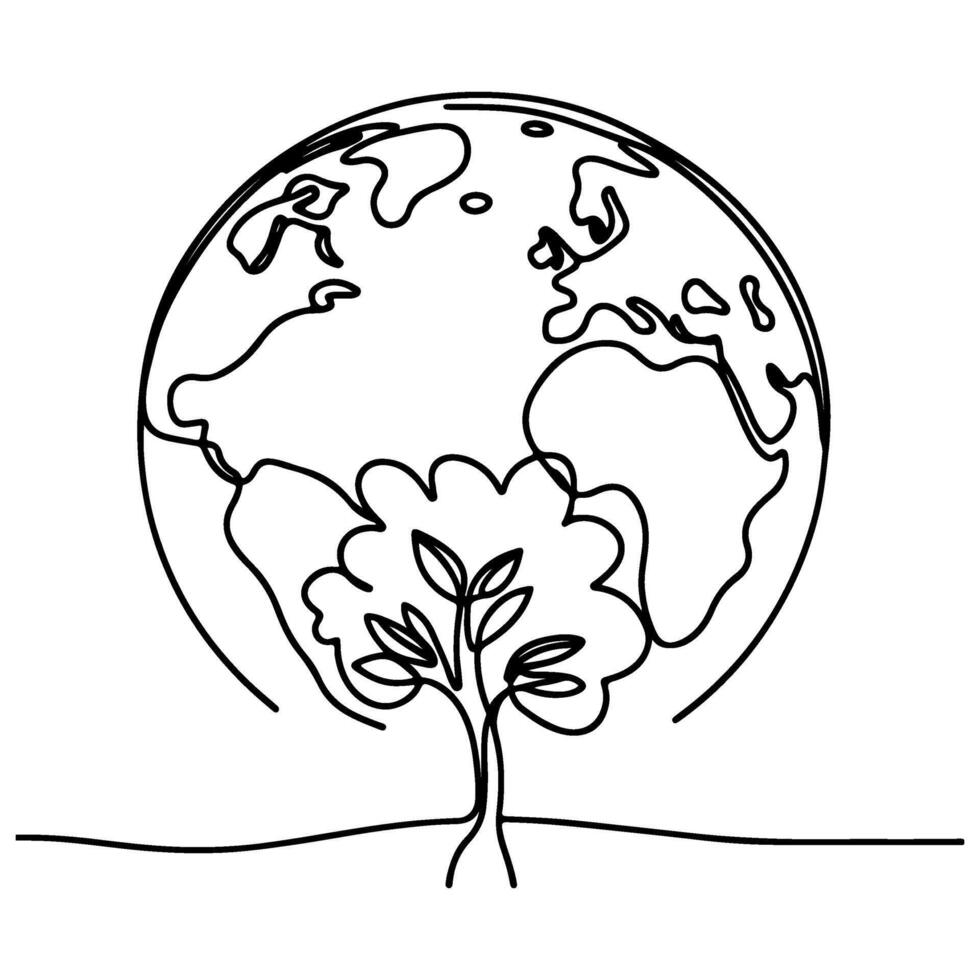 black line art tree growing sprout from planet Earth. continuous one line sketch drawing vector illustration