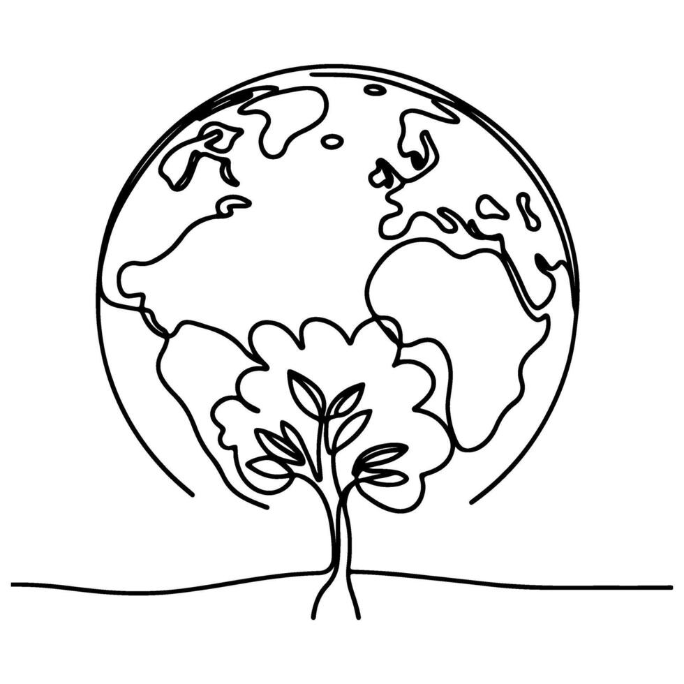 black line art tree growing sprout from planet Earth. continuous one line sketch drawing vector illustration