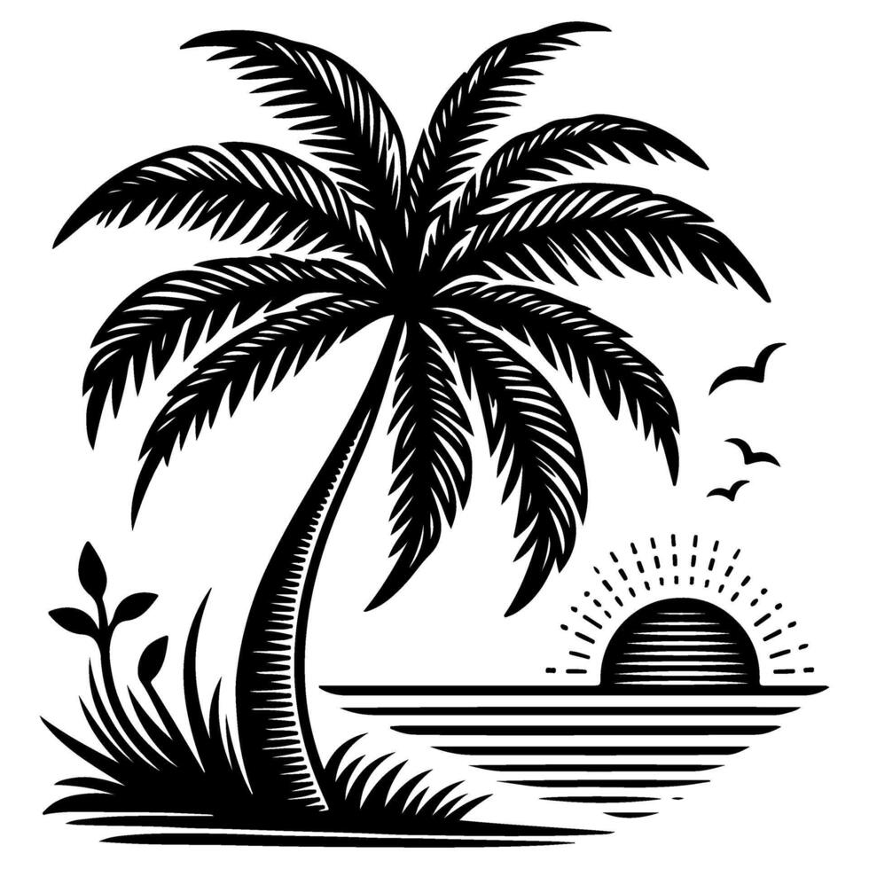 palma o Coco tropical árbol silueta, mano dibujo negro línea garabatear bosquejo estilo vector ilustración