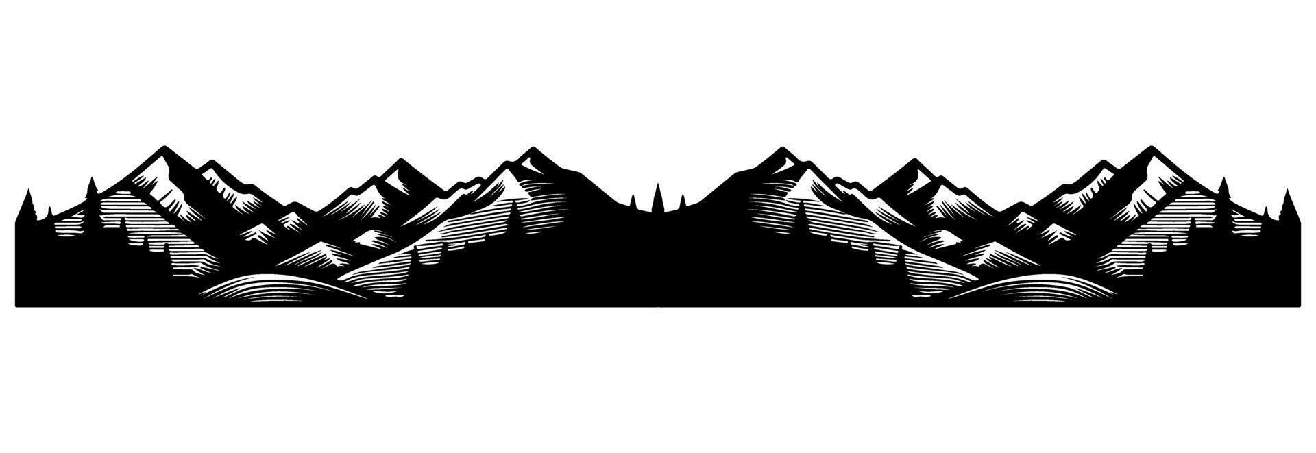Panorama silhouette mountain with forest pine trees landscape black line Sketch art Hand drawn style vector illustration