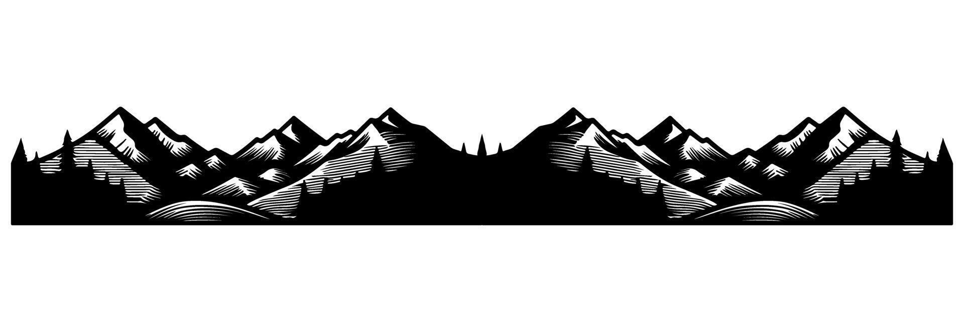 Panorama silhouette mountain with forest pine trees landscape black line Sketch art Hand drawn style vector illustration