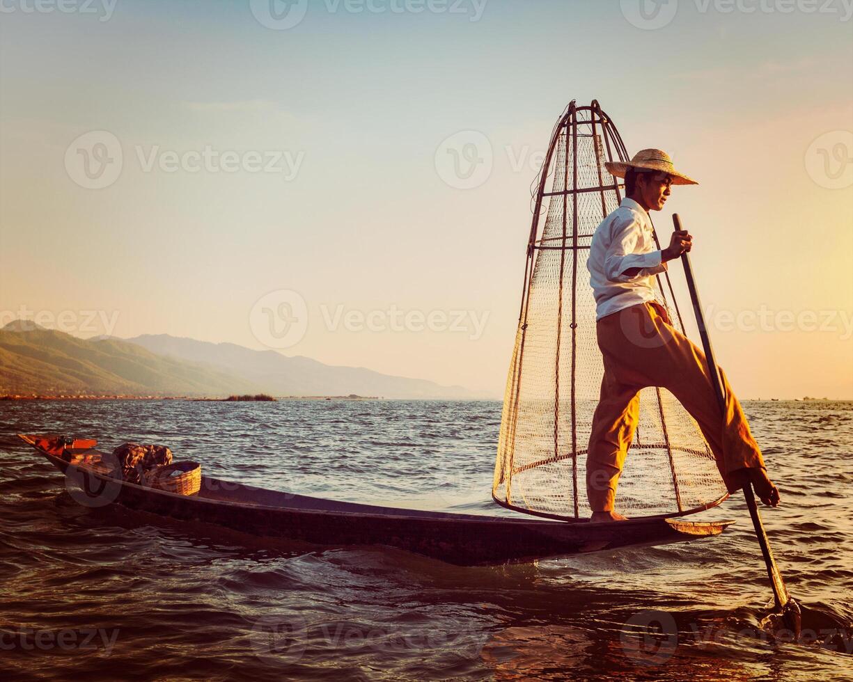 Traditional Burmese fisherman at Inle lake Myanmar photo