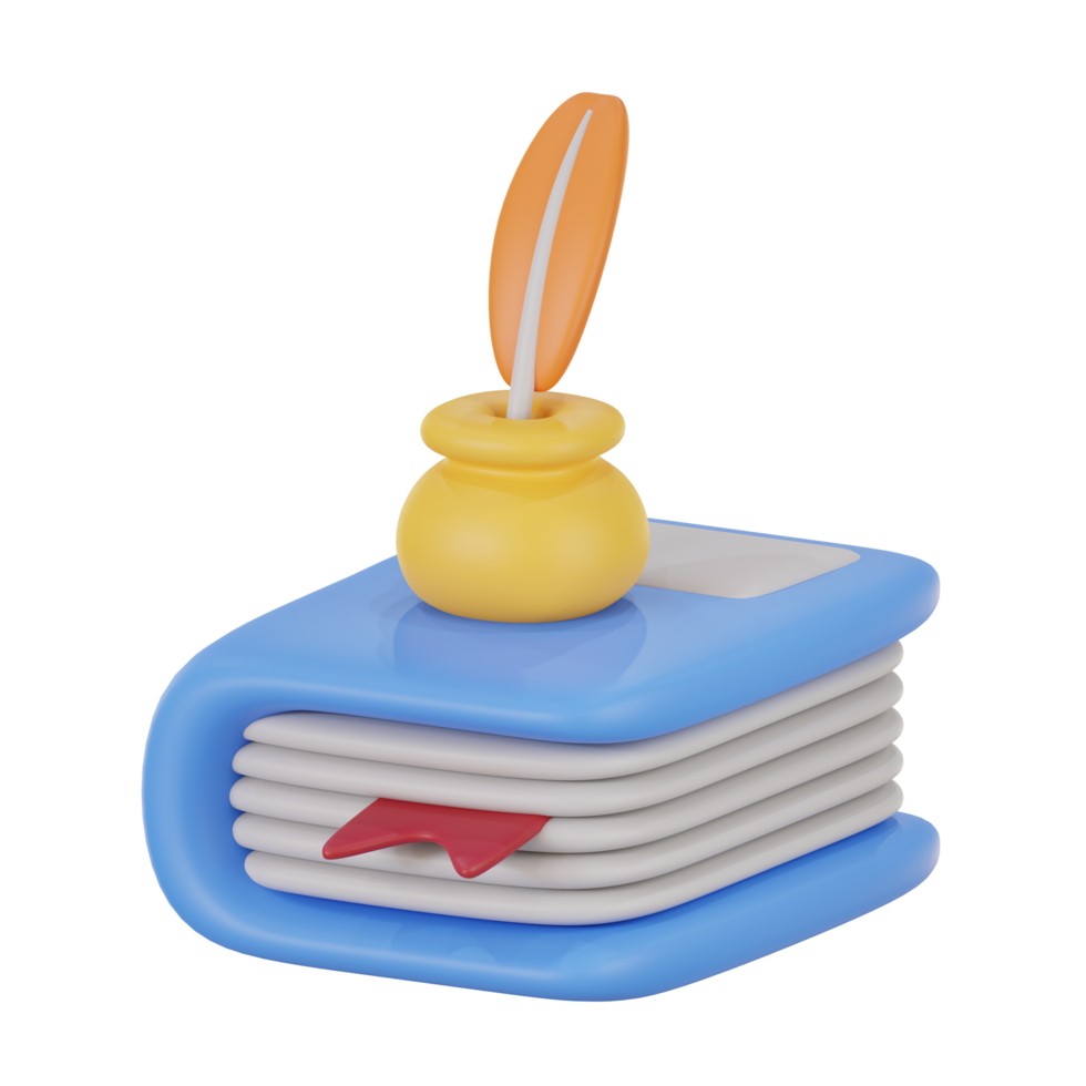 bok och inkwell 3d ikon illustration. bibliotek 3d tolkning png