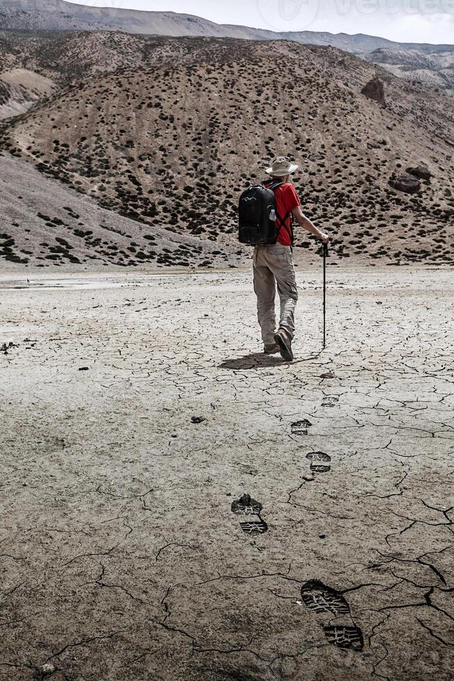 Mountaineer trekker walking in Himalayas photo