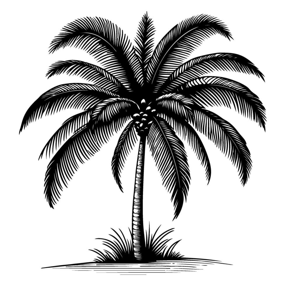 Palm or coconut Tropical tree silhouette, hand drawing black line doodle sketch style vector illustration