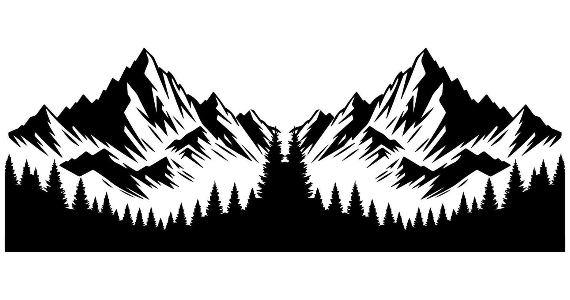 Panorama silhouette mountain with forest pine trees landscape black line Sketch art Hand drawn style vector illustration